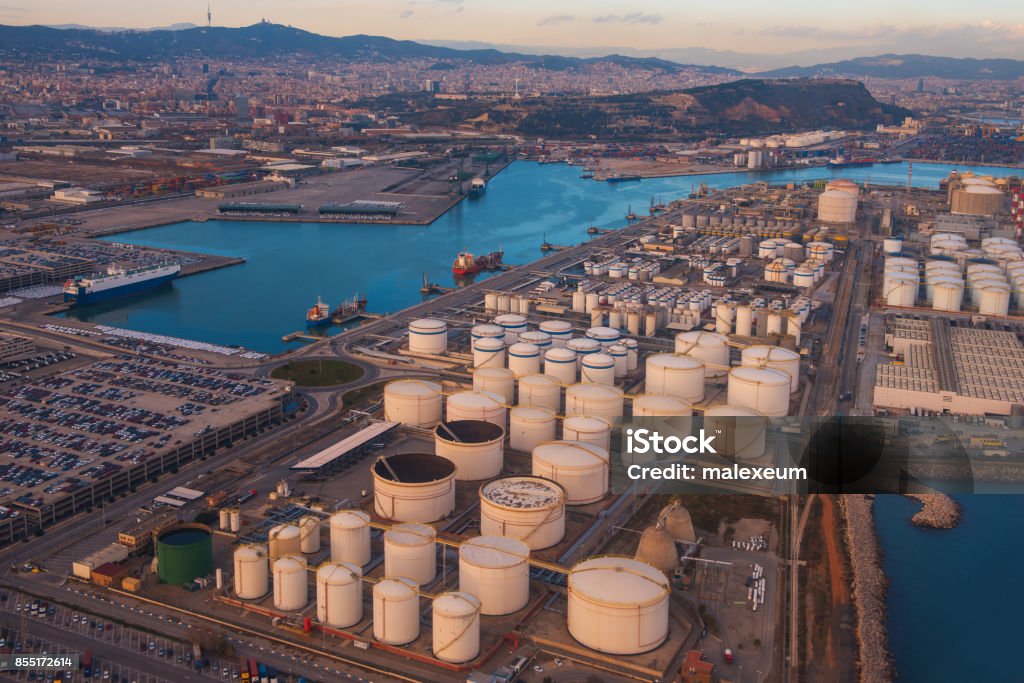 Oil storage and port in Barcelona, Spain Aerial View of Oil Tanker and Storage Tanks Oil Industry Stock Photo