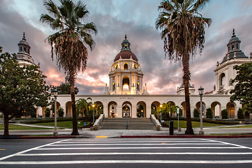 pasadena city hall showing staircases, towers, front and rear elevations, courtyard and foyer