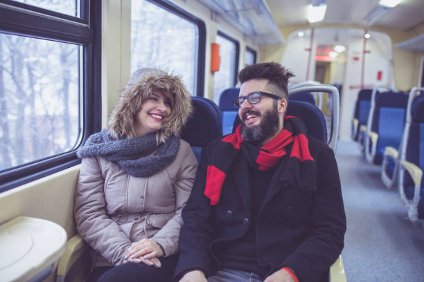istock Happy couple traveling by train 855180916
