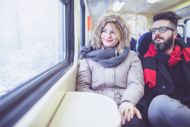 istock Happy couple traveling by train 855184296