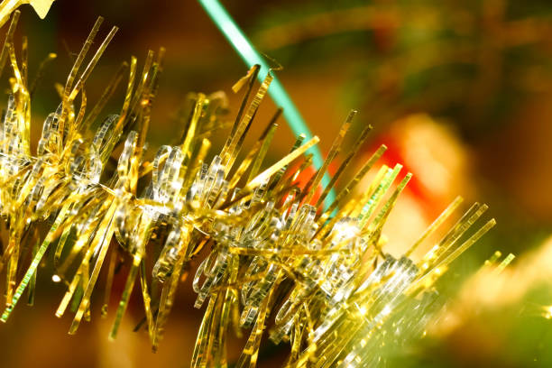 Photo of christmas tree in evening with lights on stock photo