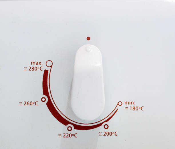 istock Thermostat dial on a white gas oven, showing temperature scale in Celcius degrees 855188502