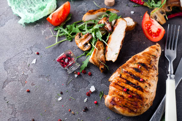 istock Grilled chicken fillets on slate plate. 855192002