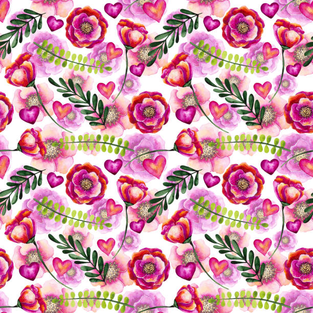 istock Seamless Pattern of Watercolor Hearts, Flowers and Green Leaves 855195134