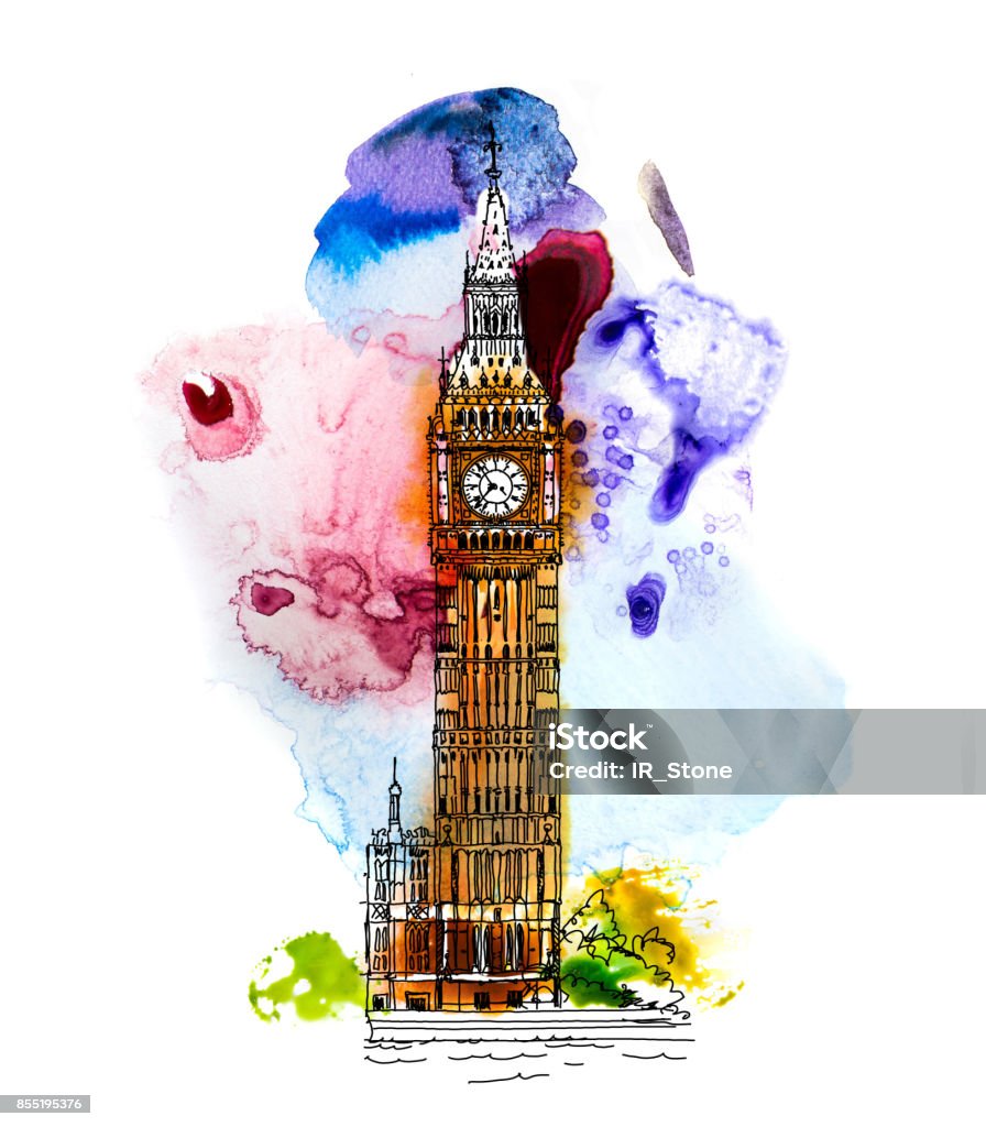 Big Ben, London UK. Desenho com efeitos de cor de água colorida. - Ilustração de Londres - Inglaterra royalty-free