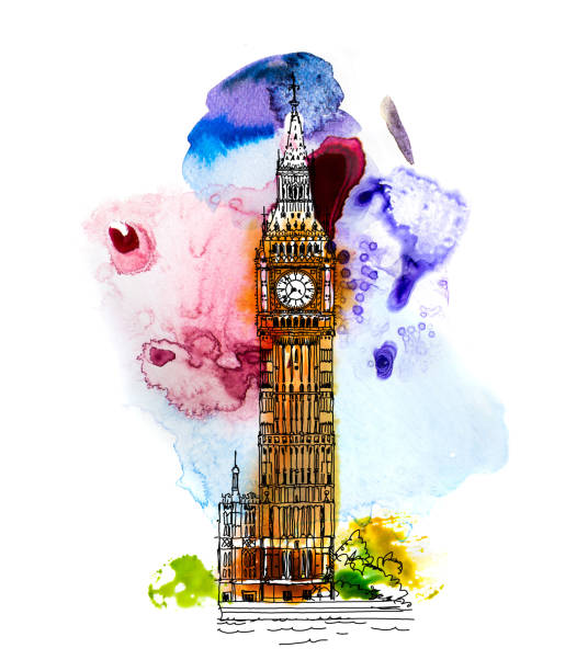 istock Big Ben, London UK. Sketch with colourful water colour effects. 855195376