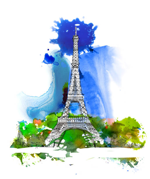 istock Sketch of Eiffel Tower Paris, Sketch with colourful water colour effects 855195384