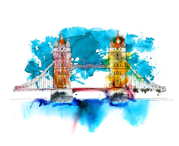 istock London, Tower bridge. Sketch with colourful water colour effects 855195560