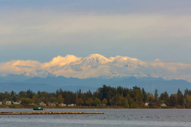 Mount Baker along Semiahmoo Bay waterfront homes in Blaine Washington State