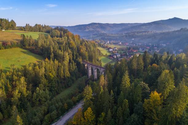 vista aérea sobre el viaducto del tren. - silesia fotografías e imágenes de stock