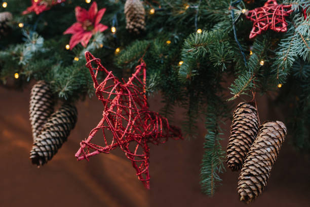 istock Decorative star and cones on spruce. Christmas background. Christmas concept celebration. Christmas fir-tree with decorations 855205138