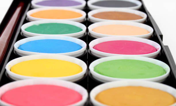 istock paints of different colors and slim paintbrush (brush) 855217912