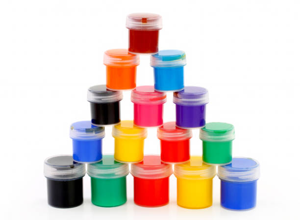 istock paints of different colors and slim paintbrush (brush) 855218068