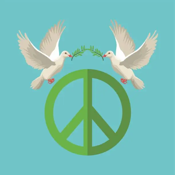 Vector illustration of color poster pair pigeons with olive branch in peak flying with peace and love symbol