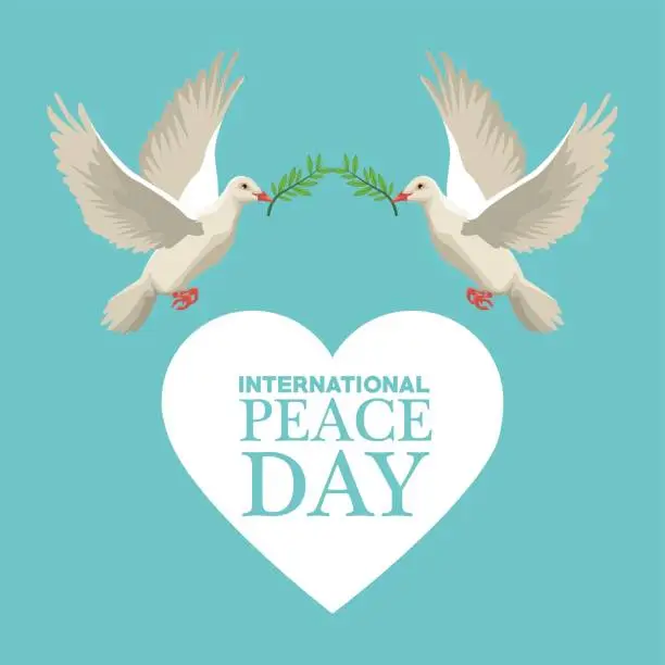 Vector illustration of color poster pair pigeons flying with olive branch in peak heart shape international peace day text