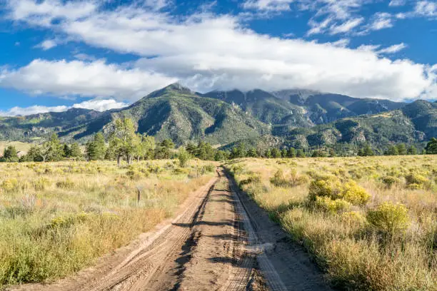 sandy Medano Pass road in Great Sand Dunes National Park and Preserve, late summer scenery