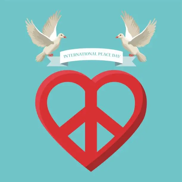 Vector illustration of color poster pair pigeons flying with label international peace day text and love heart shape symbol