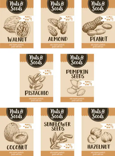 Vector illustration of Vector price sketch posters of nuts and fruit seed