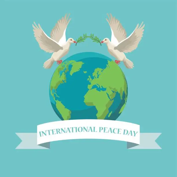 Vector illustration of color poster pair pigeons flying with olive branch in peak and earth world with label international peace day