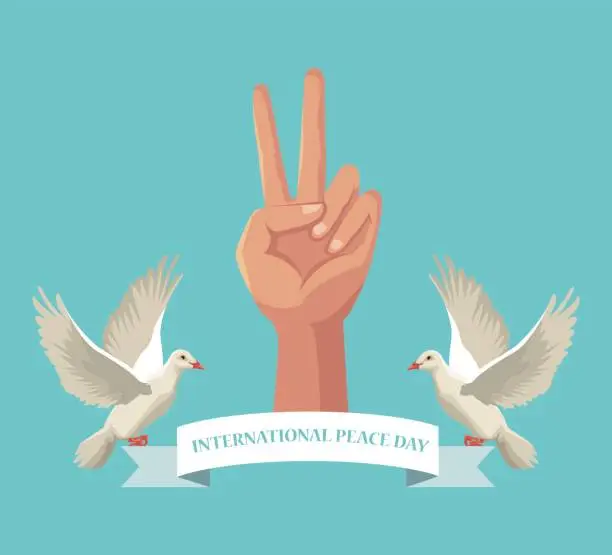 Vector illustration of color poster pair pigeons flying with olive branch in peak hand victory symbol ribbon international peace day text