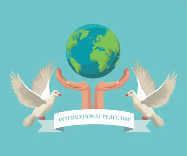 Vector illustration of color poster hands holding a earth world with pair pigeons flying with ribbon international peace day