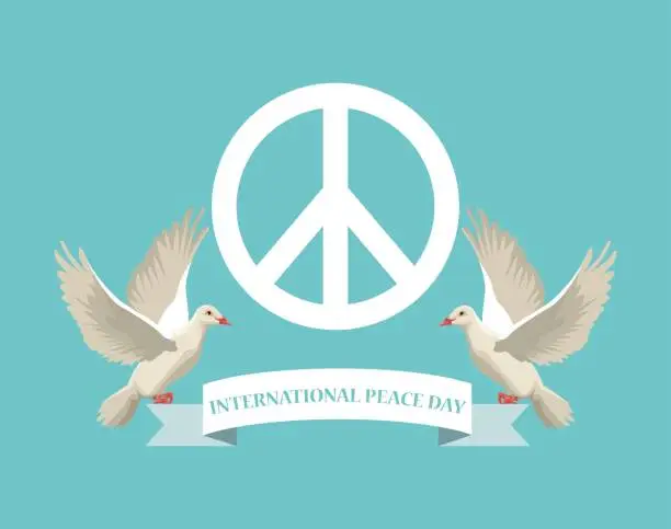 Vector illustration of color poster with white peace and love symbol and pair pigeons flying with ribbon international peace day