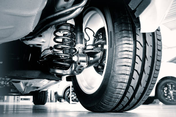 new tire and shock absorbers - automotive accessories imagens e fotografias de stock