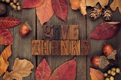 Give Thanks spelled with wooden letterpress with frame of autumn leaves over a rustic wood background