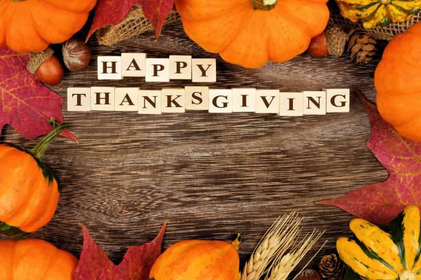 istock Happy Thanksgiving wooden blocks with autumn frame 855240012