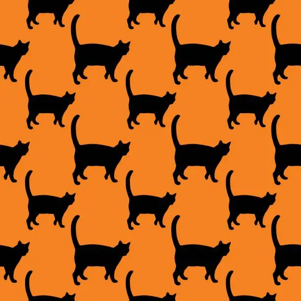 Vector illustration of Black Cat On Orange Background Seamless Pattern