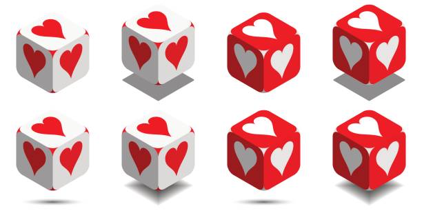 빨간색과 흰색 색상에서 카드 마음, 양쪽 카드 슈트 아이소메트릭 큐브 큐브 - cards heart suit heart shape poker stock illustrations