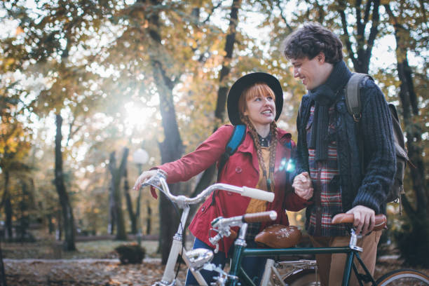 istock Young cheerful couple at autumn walk 855253444