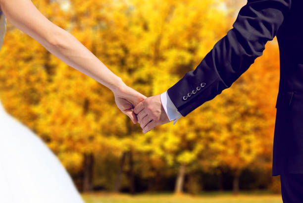 Wedding couple, bride and groom in autumn holding hands together on a blur yellow leaves park background stock photo