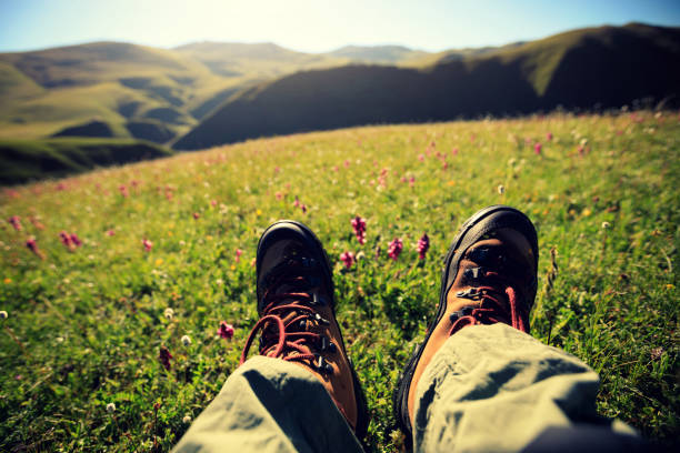 hiker legs hiking in grassland mountains top