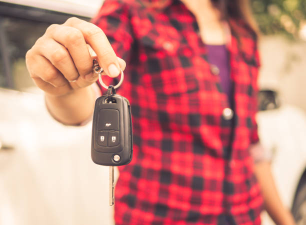 istock Retro hand holding the remote control car alarm systems 855287382