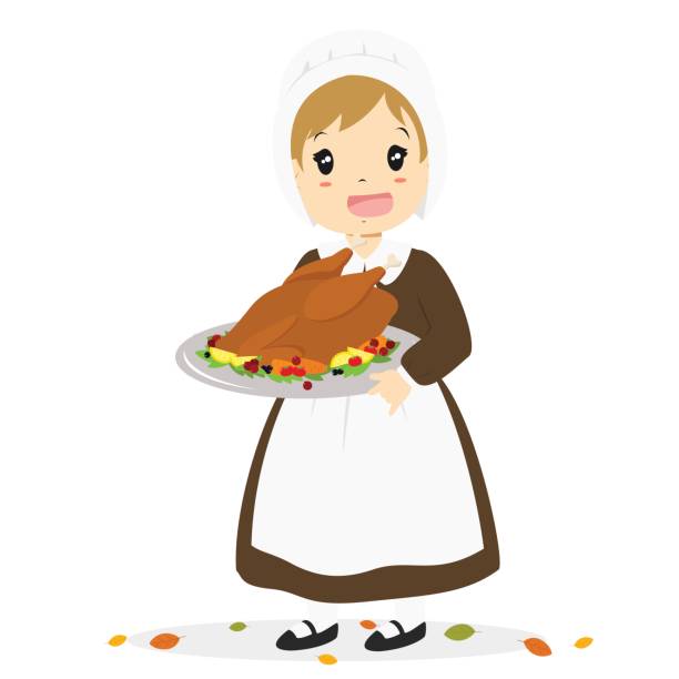 순례자 소녀 구운된 터키 만화 벡터를 들고 - thanksgiving pilgrim turkey little girls stock illustrations