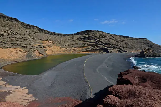 A Green Lagoon - el Golfo - a green lake located on a black volcanic beach among red, yellow and brown rocks.