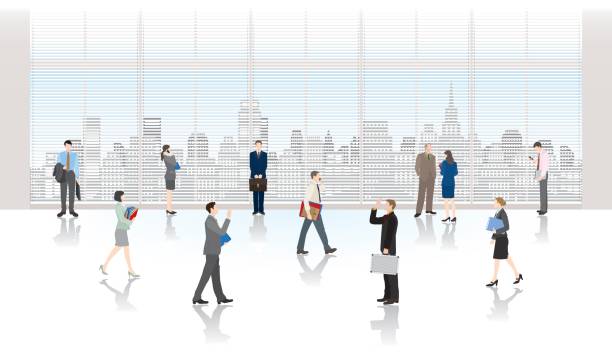 ilustraciones, imágenes clip art, dibujos animados e iconos de stock de las personas que trabajan en una oficina - lobby businessman office building built structure