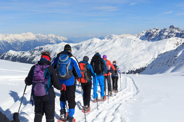 풀어요에 투바이 알프스, 오스트리아에서에서 푸른 하늘 가진 산 눈 파노라마 하이킹 하는 사람들의 그룹 - tirol winter nature landscape 뉴스 사진 이미지
