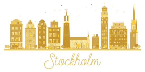 ilustrações, clipart, desenhos animados e ícones de silhueta de estocolmo suécia cidade horizonte dourado. - stockholm silhouette sweden city