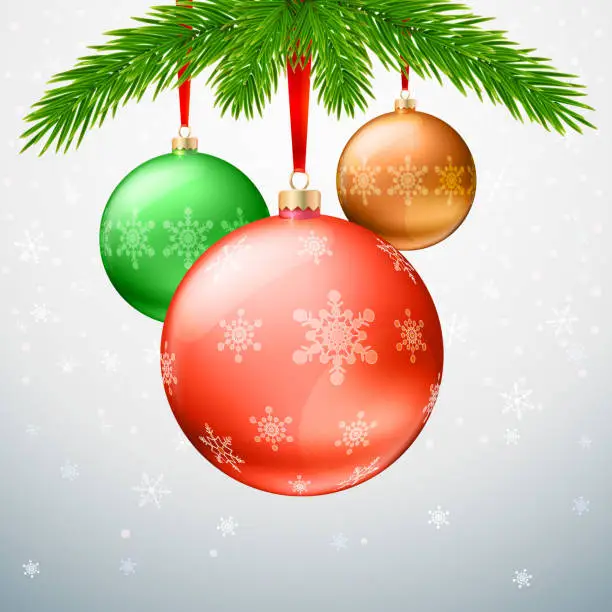 Vector illustration of Christmas balls, green fir branches, bow, snowflake background