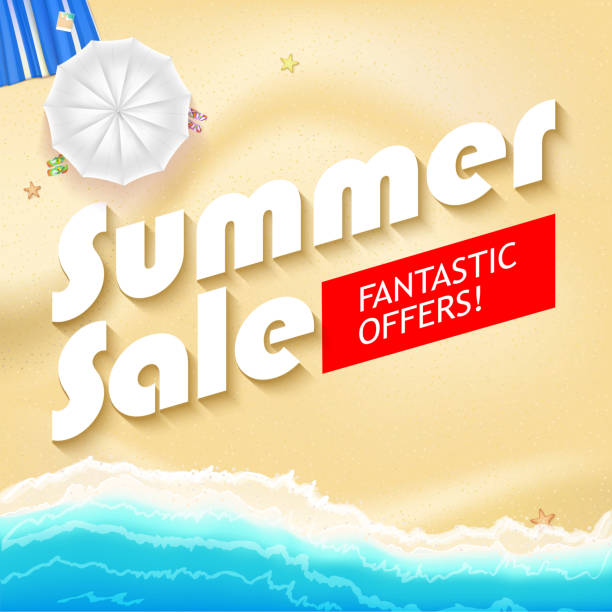 Summer sale bright vector Summer sale bright vector background. Sunny sandy beach with turquoise sea tide, umbrella and Mat. Excellent for your cards, luxury invitation, advertising. beach mat stock illustrations