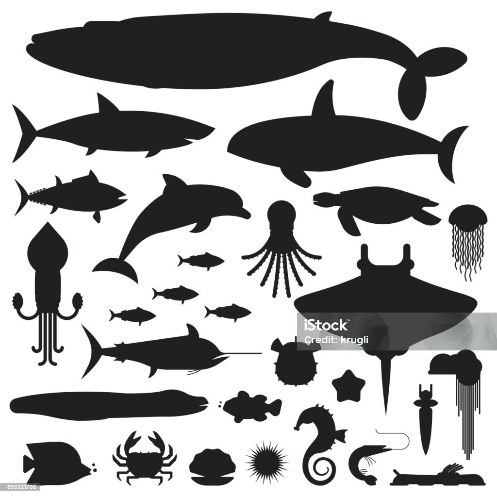 Sea Life and Underwater Animals Icons Underwater animals and sea creatures label templates. Ocean and marine fishes and other aquatic life silhouette collection. Blue whale, devilfish, dolphin, orca, octopus, mollusks icons. In Silhouette stock vector