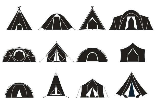 ilustrações, clipart, desenhos animados e ícones de conjunto de ícones de tendas campismo - tenda