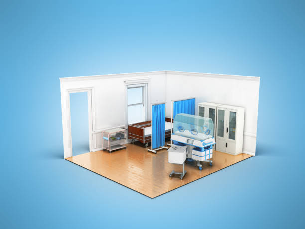 Isometric medical room wooden bed and incubator for children blue 3d render on blue backgroundIsometric medical room three bed 3d render on white background no shadowIsometric medical room three bed 3d render not blue backgroundIsometric medical room 3d render on white background