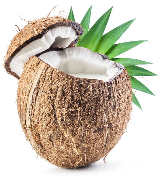 istock Cracked coconut fruit with coconut milk inside. 855326882