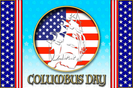 3D, Columbus Day, White silhouette of a sailboat in front of the American flag. Blue background for American Holidays in the colors red, white and blue. American Holidays Template.