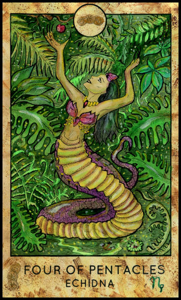Echidna monster. Four of pentacles Fantasy Creatures Tarot full deck. Minor arcana. Hand drawn graphic illustration, engraved colorful painting with occult symbols echidna stock illustrations
