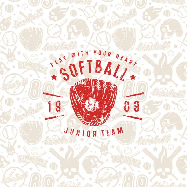 ilustraciones, imágenes clip art, dibujos animados e iconos de stock de patrón sin fisuras de béisbol y emblema del equipo de softbol - baseball background
