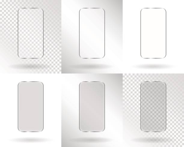 Frames in the form of a smartphone Frames in the form of a smartphone with a transparent blank screen on white and transparent background for mockup. Option with a brightening and darkening screen phone cover isolated stock illustrations